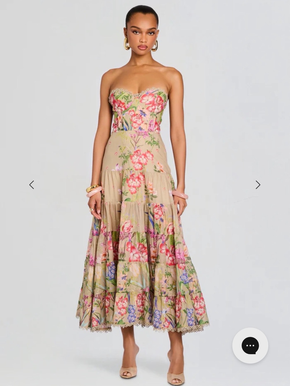 Retrofete Danny Dress - Strapless Floral Midi Dress in Beige